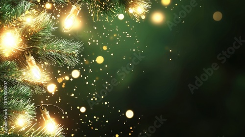 A close-up view of a Christmas tree adorned with bright lights and sparkling decorations against a dark green backdrop. It evokes a festive mood.