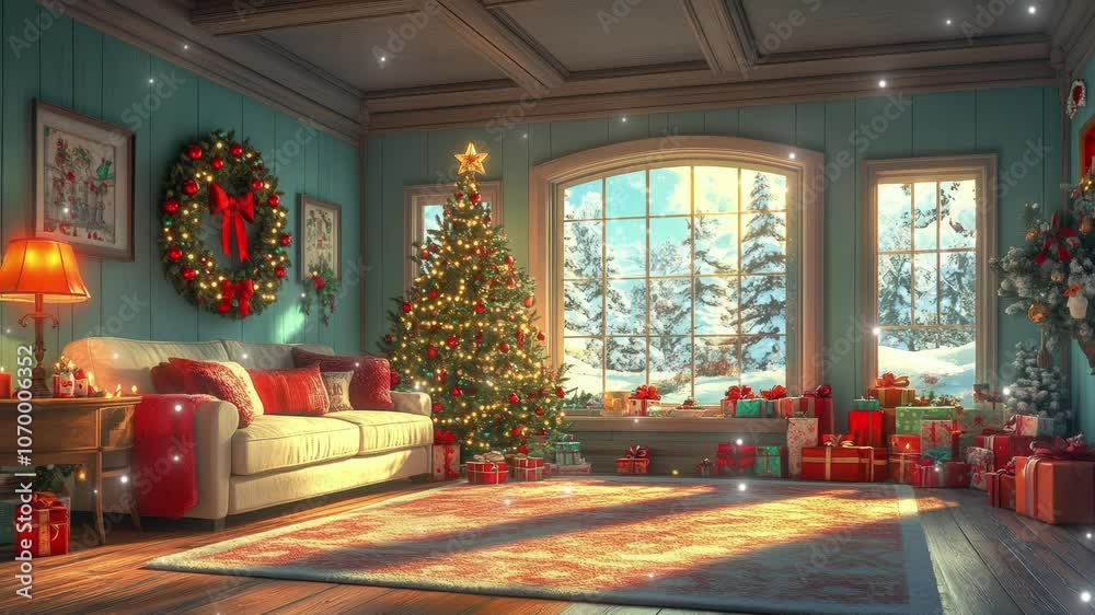 A heartwarming holiday atmosphere fills the room with sparkling lights, festive decor, and a stunning view of snowy trees outside. seamless looping 4K time-lapse virtual video animation background A heartwarming holiday atmosphere fills the room with sparkling lights, festive decor, and a stunning view of snowy trees outside. seamless looping 4K time-lapse virtual video animation background