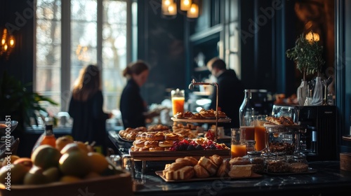 Stylish Breakfast Bar in French Hotel with Fresh Pastries, Fruits, and Beverages