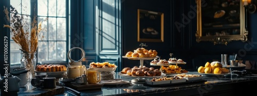 Stylish Breakfast Bar in French Hotel with Fresh Pastries, Fruits, and Beverages