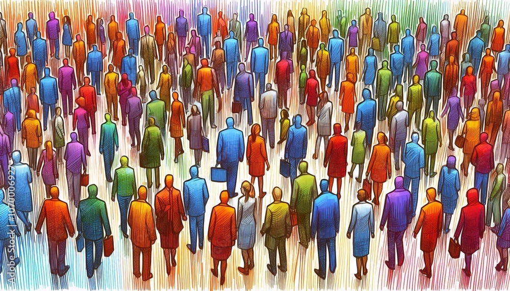 Fototapeta premium Figures of people of all colors, inclusive business thinking, values ​​of dignity and respect for all people. Color sketch