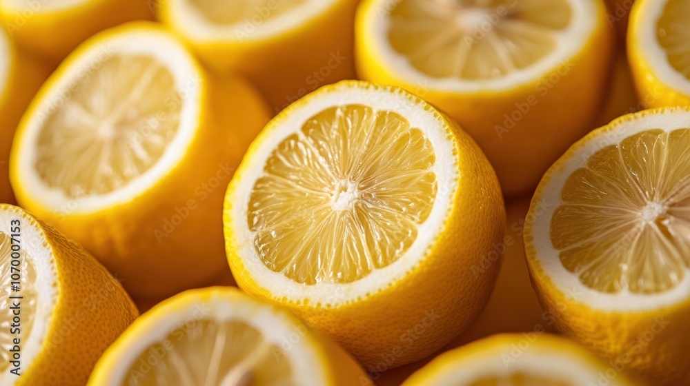 Close-up of halved lemons arranged in a pattern, revealing their juicy interiors. Close-up of halved lemons arranged in a pattern, revealing their juicy interiors.