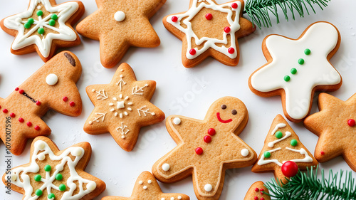 Gingerbread cookies in various Christmas shapes, with festive icing. Generative ai