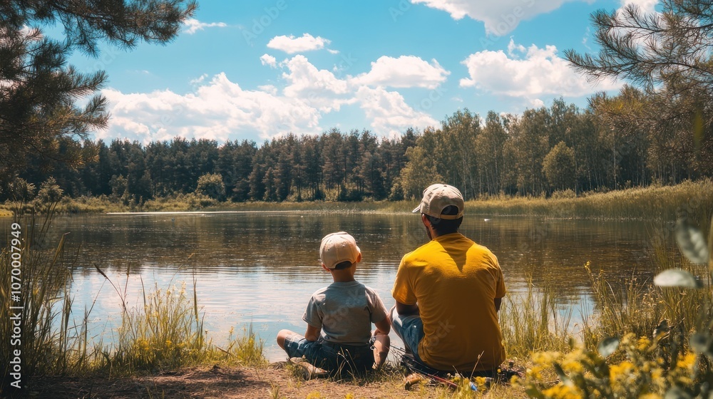 A serene moment by the water, featuring a child and an adult enjoying nature together. A serene moment by the water, featuring a child and an adult enjoying nature together.