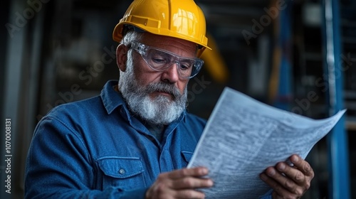 A construction worker is carefully reviewing detailed blueprints while standing at a job site. He is dressed in a blue shirt and wearing protective glasses and a hard hat for safety