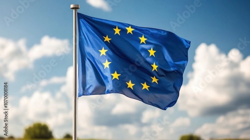 A vibrant European Union flag flies proudly in the breeze, representing unity among member states, set against a picturesque sky filled with soft, white clouds photo