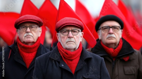 Three older men, dressed in dark coats and red scarves, appear serious as they stand together amid a crowd holding red flags during a winter demonstration in a city