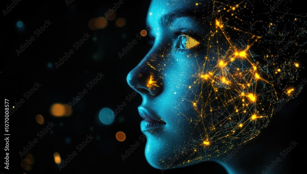 Obraz premium Digital Portrait: Woman's Face Illuminated by a Network of Lights