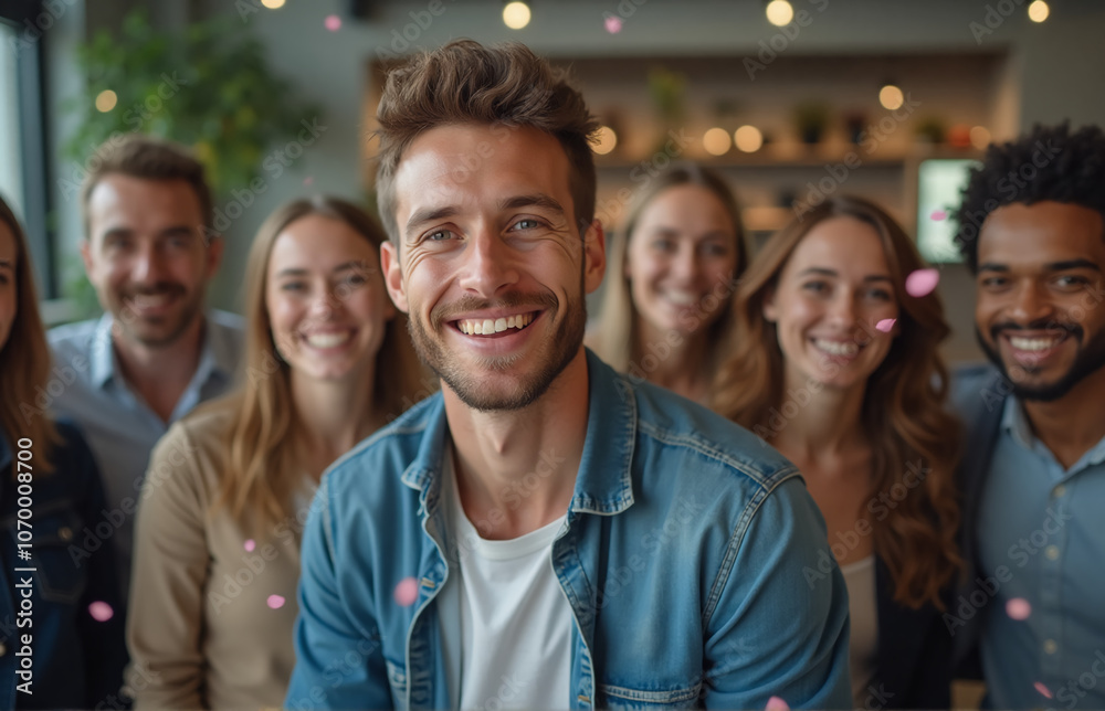 Fototapeta premium A close-up of a happy group of young business people wearing casual attire, celebrating success in an office