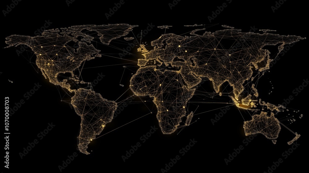custom made wallpaper toronto digitalGolden lines interconnected world map on black background global data exchange. AI generated