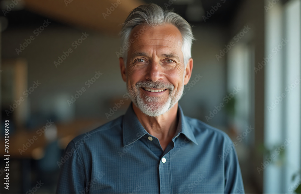 A close-up of a senior businessman standing in an office, looking directly at the camera with a confident A close-up of a senior businessman standing in an office, looking directly at the camera with a confident