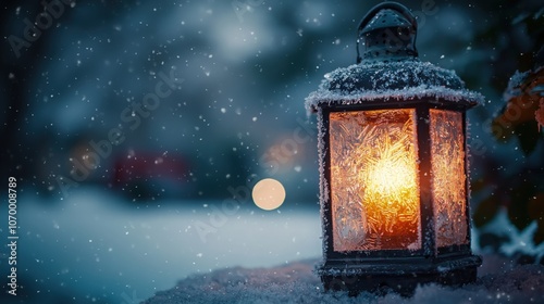 A glowing lantern covered in frost illuminates a snowy winter night