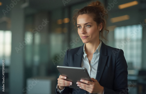 A thoughtful businesswoman holding a tablet in an office, with a focused expression as she reviews information