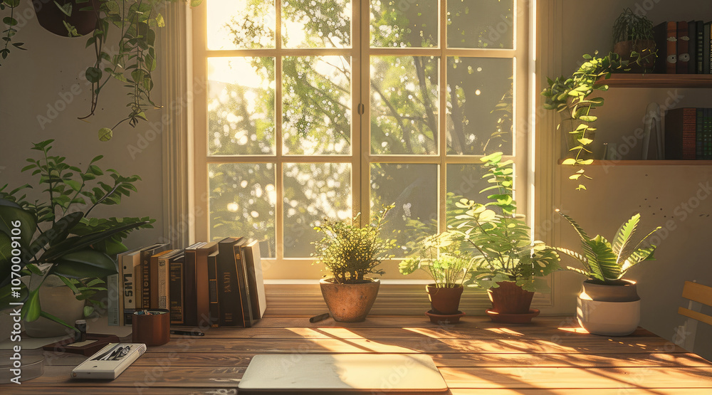 A calming home office with a wooden desk, a large window casting soft sunlight, and a few plants for a touch of nature. A calming home office with a wooden desk, a large window casting soft sunlight, and a few plants for a touch of nature.