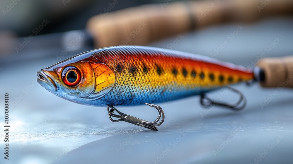 A colorful fishing lure designed to attract fish. A colorful fishing lure designed to attract fish.