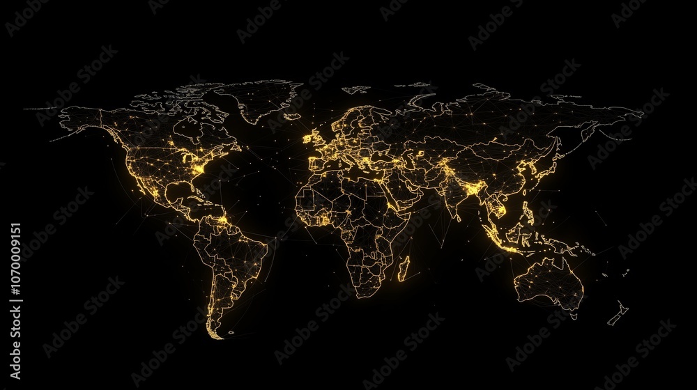 custom made wallpaper toronto digitalGolden lines interconnected world map on black background global data exchange. AI generated