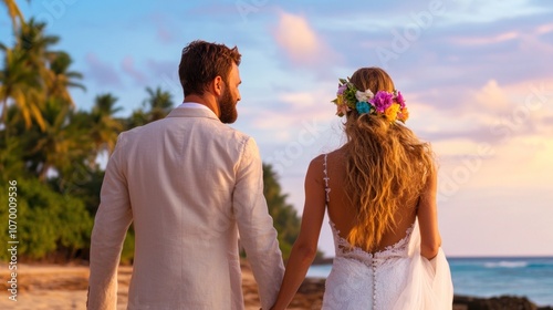 A couple strolls on the sandy beach during sunset, with colorful skies and palm trees framing the scene. They are dressed for a wedding, sharing a special moment together