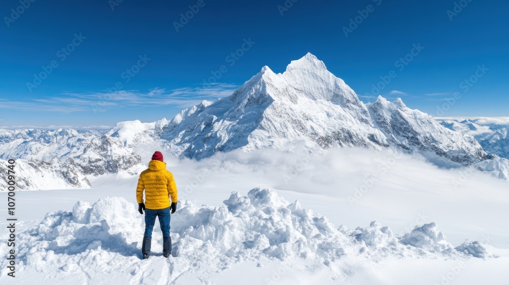 A lone climber wearing a bright yellow jacket admires breathtaking snow-covered mountain peaks. The sunlight illuminates the landscape, creating a stunning winter view A lone climber wearing a bright yellow jacket admires breathtaking snow-covered mountain peaks. The sunlight illuminates the landscape, creating a stunning winter view