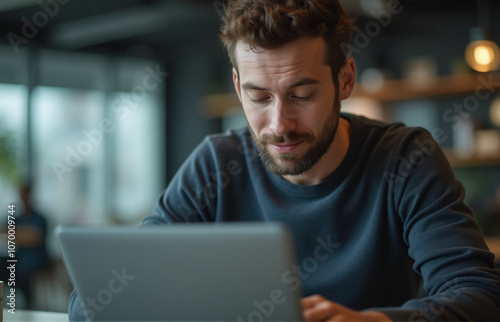 A close-up of a man senior software developer working on a laptop in an office