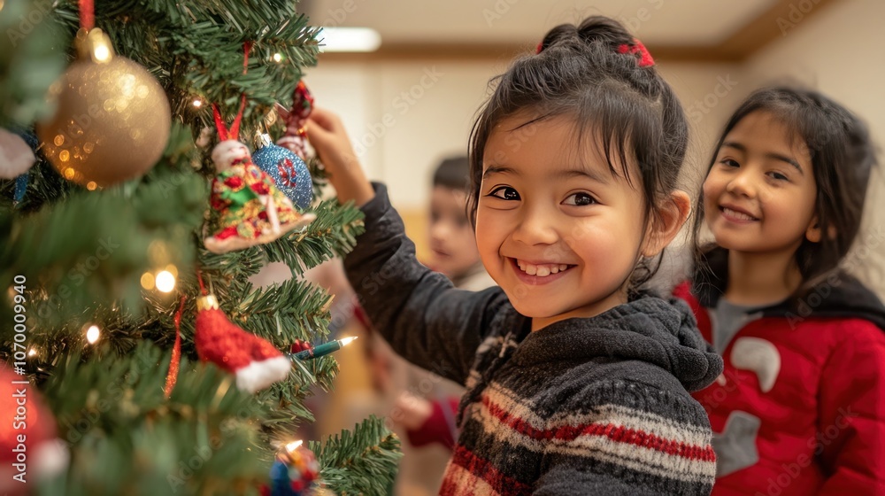 Children from different cultures help decorate a Christmas tree at a multicultural holiday. The atmosphere is filled with smiles. Children from different cultures help decorate a Christmas tree at a multicultural holiday. The atmosphere is filled with smiles.