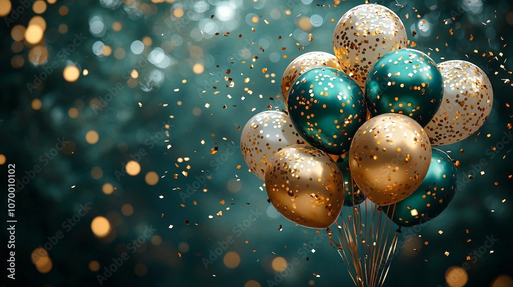 An elegant winter-themed image featuring gold and green balloons with confetti, ideal for New Year's and Christmas celebrations, perfect for festive invitations and party decor. An elegant winter-themed image featuring gold and green balloons with confetti, ideal for New Year's and Christmas celebrations, perfect for festive invitations and party decor.