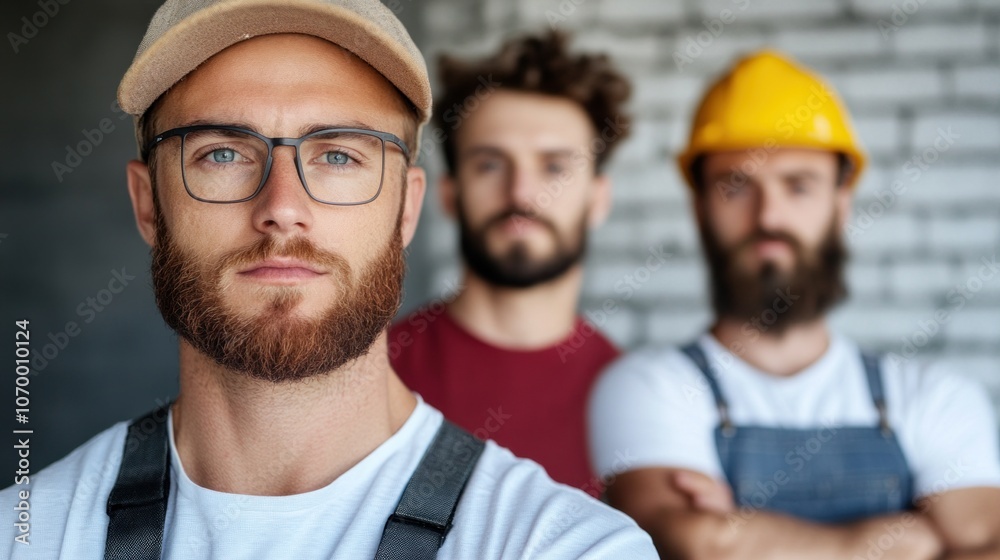 Fototapeta premium Three young men stand confidently in a construction area, with one in focus. They wear casual outfits, safety glasses, and a hard hat, showcasing teamwork in a developing workspace