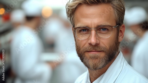 A skilled chef stands confidently in a bustling restaurant kitchen, wearing a white uniform and glasses. The dynamic atmosphere highlights the teamwork and dedication in the culinary world