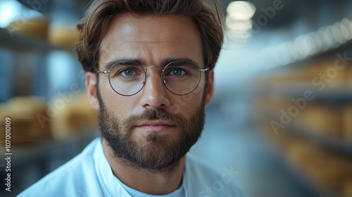 A skilled chef stands confidently in a contemporary dairy facility, surrounded by shelves filled with various types of cheese. Natural light filters in, enhancing the atmosphere of craftsmanship