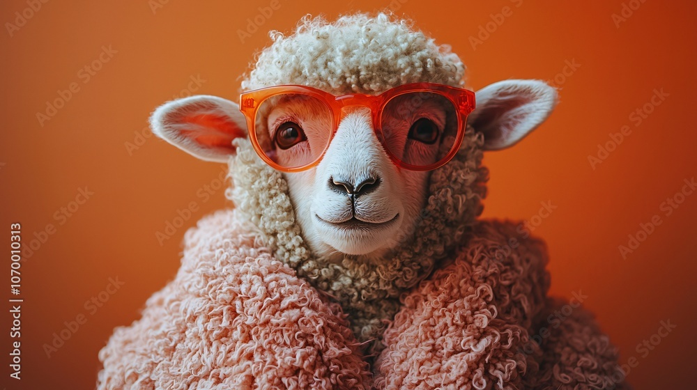 A whimsical sheep in vibrant orange sunglasses against an orange backdrop captures a playful winter vibe. Ideal for cheerful holiday promotions or seasonal marketing. A whimsical sheep in vibrant orange sunglasses against an orange backdrop captures a playful winter vibe. Ideal for cheerful holiday promotions or seasonal marketing.