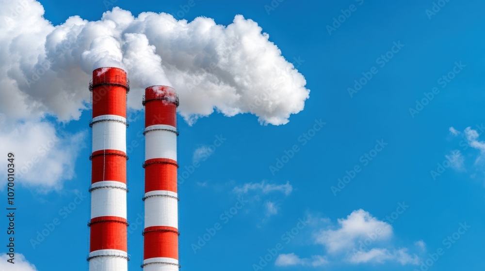 Tall red and white smokestacks emit thick white clouds into the bright blue sky Tall red and white smokestacks emit thick white clouds into the bright blue sky