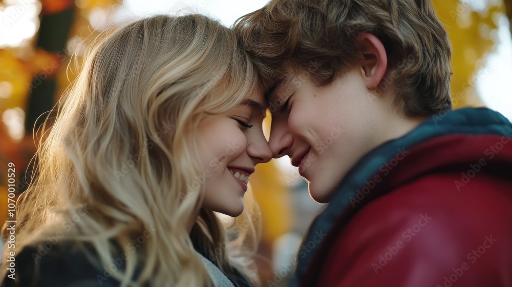 A young couple leans close, smiling at one another amidst a backdrop of vibrant autumn leaves. The soft golden light creates a warm, intimate atmosphere as they connect A young couple leans close, smiling at one another amidst a backdrop of vibrant autumn leaves. The soft golden light creates a warm, intimate atmosphere as they connect