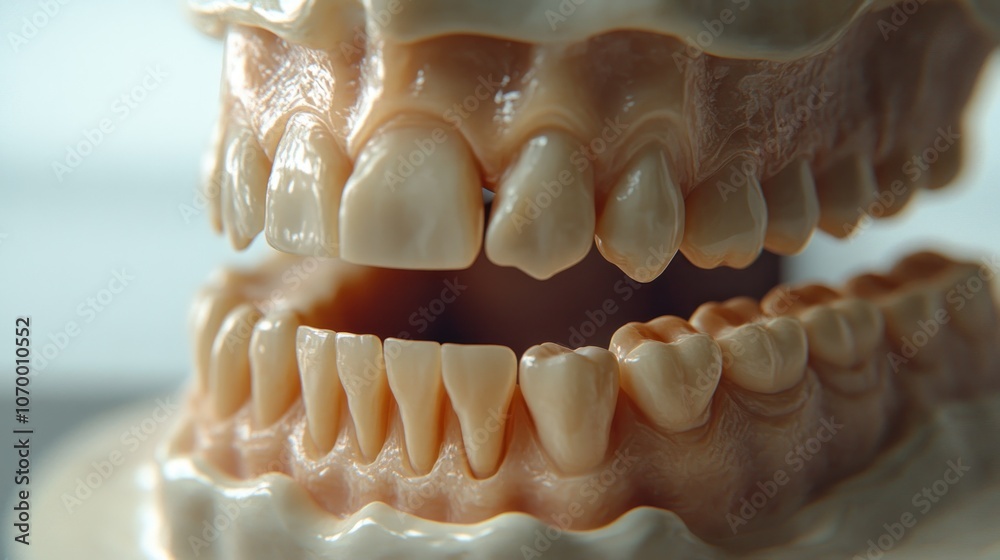 A close-up of a dental model showcasing upper and lower teeth for educational purposes. A close-up of a dental model showcasing upper and lower teeth for educational purposes.