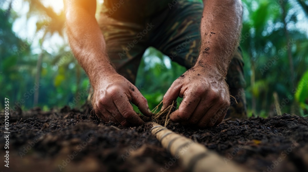 Skilled survivalist sets up a snare trap in a dense forest, showcasing techniques for procuring food in a survival situation Skilled survivalist sets up a snare trap in a dense forest, showcasing techniques for procuring food in a survival situation