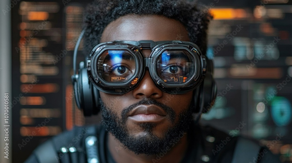 A man sits in a contemporary workspace, wearing advanced glasses and headphones