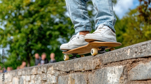 A skateboarder skillfully balances on a stone ledge under a bright blue sky, surrounded by friends enjoying the vibrant atmosphere of a sunny park afternoon