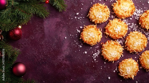 Golden latkes with shredded edges and a sprinkle of salt on a muted purple background, with holiday decor accents photo