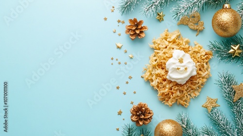 Golden latkes with shredded texture and sour cream on a pale blue background, with miniature holiday decor photo