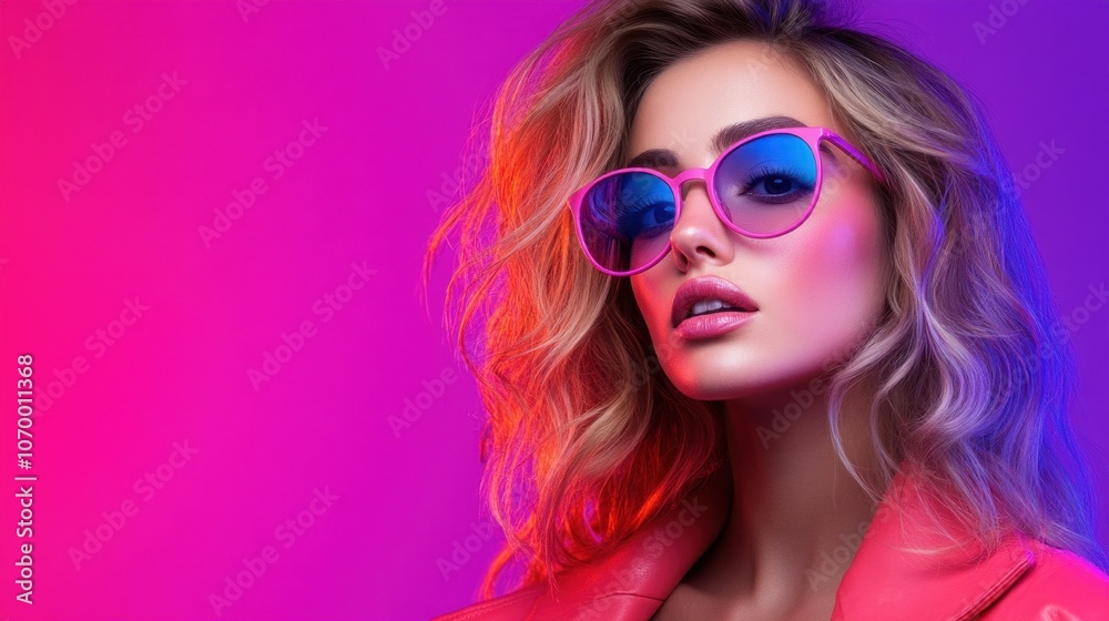 The woman stands confidently with her wavy hair cascading over her shoulders, wearing chic sunglasses and a colorful jacket. The vibrant purple and pink backdrop enhances her fashionable look