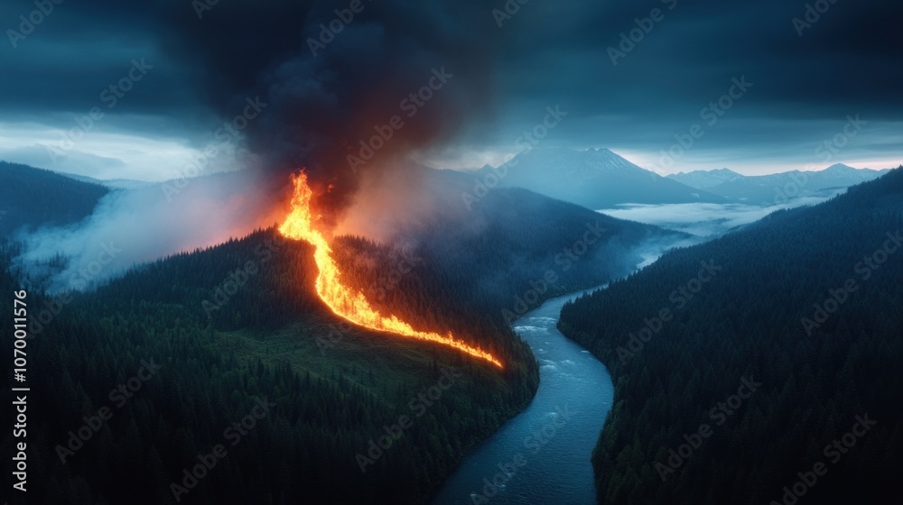 Obraz premium Raging flames consume trees on a mountain slope as dark smoke billows into the twilight sky. A winding river reflects the intense glow of the fire, creating a striking contrast in the scenery
