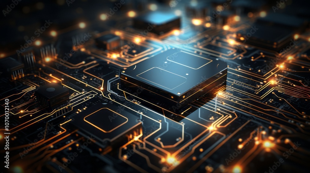 Circuit Board With Golden Traces And Glowing Lights Circuit Board With Golden Traces And Glowing Lights