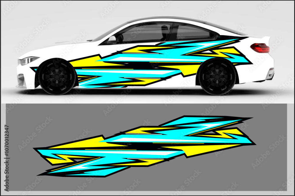 Fototapeta premium vector wrap car design, car decal with unique and modern line patterns, combined with bright colors to make it look cheerful and bold