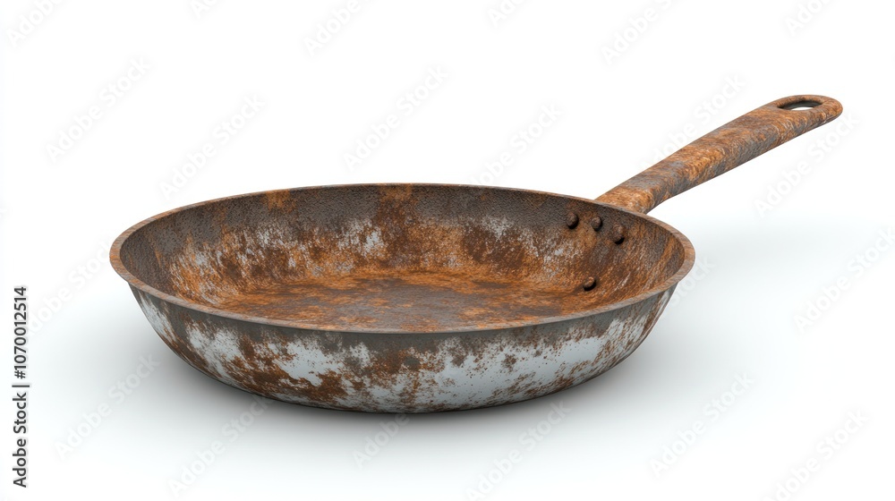 A rusty frying pan, showing wear and age, suitable for cooking or display. A rusty frying pan, showing wear and age, suitable for cooking or display.