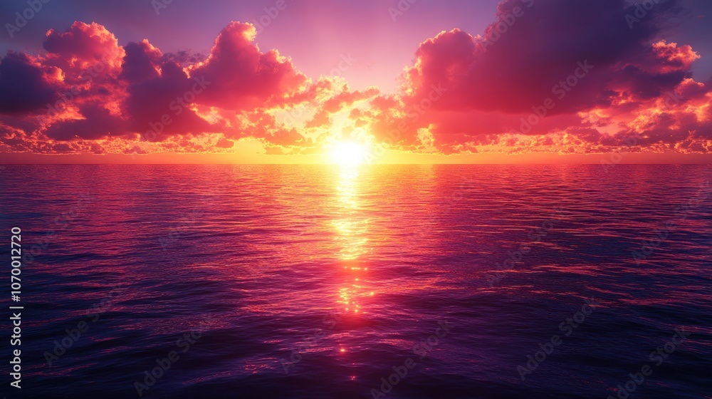 Vibrant sunset over calm ocean waters with colorful clouds. Vibrant sunset over calm ocean waters with colorful clouds.