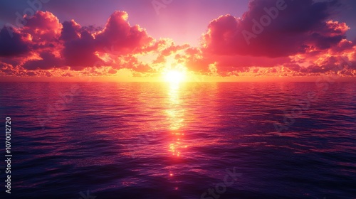 Vibrant sunset over calm ocean waters with colorful clouds.