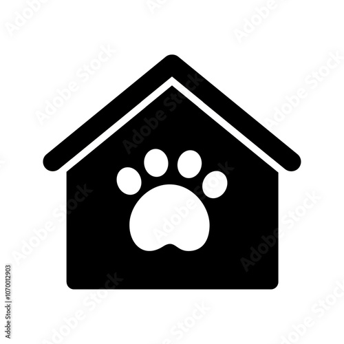 Pet adoption shelter glyph icon. Home with paw print. Helping homeless animal, charity, care, veterinary concepts. Flat vector design isolated illustration.