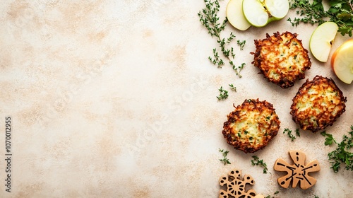 Wallpaper Mural Perfectly crispy latkes on a neutral beige background with apple slices, herbs, and a dreidel beside them Torontodigital.ca