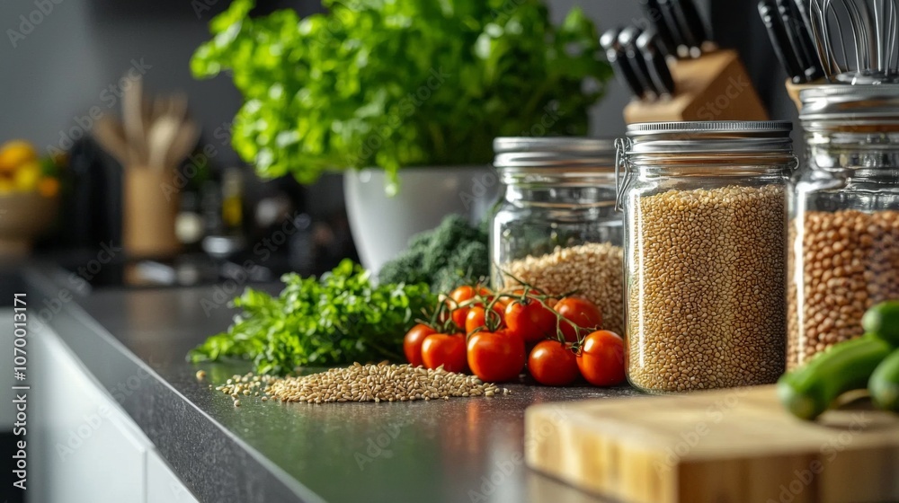 Ecofriendly minimalist kitchen scene with fresh vegetables and grains