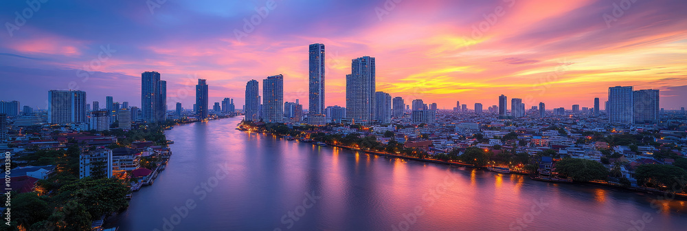 Fototapeta premium A breathtaking sunset casts vibrant colors over the Chao Phraya River, highlighting the skyline of Bangkok's modern skyscrapers