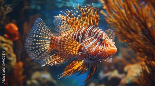 A vibrant lionfish with orange and white stripes and fins, swimming amongst coral in an aquarium.