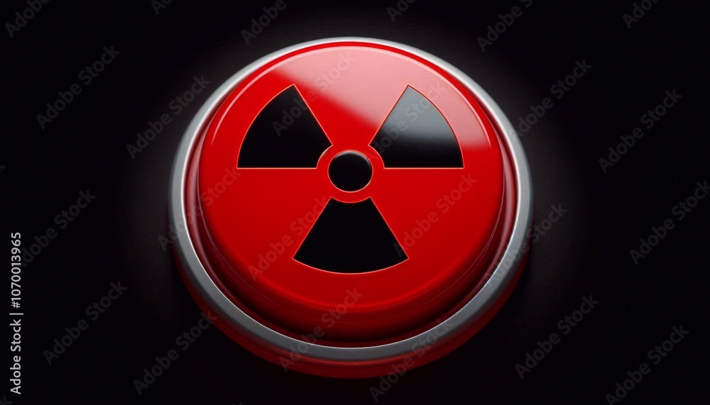 Red button with nuclear sign isolated on black background Red button with nuclear sign isolated on black background